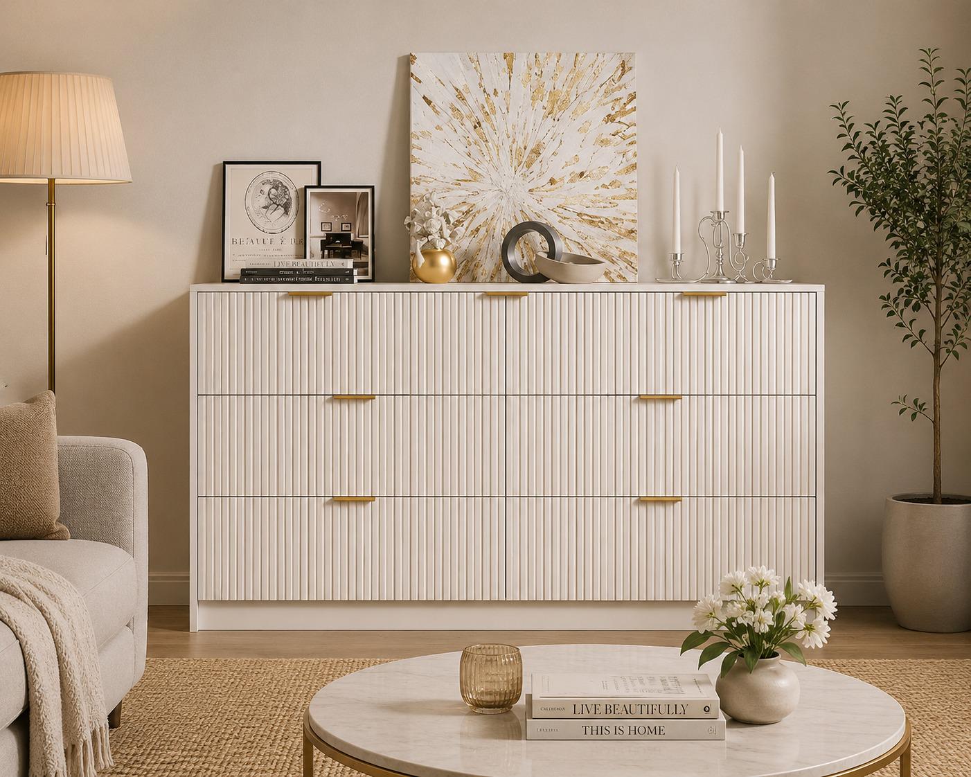 white and gold 9 drawer dresser Modern Dresser, Fluted Panel Storage Chest, Handles – Muzrati. Owned operated by Ecommerce Ninja Solutions LLC indowestern sherwani