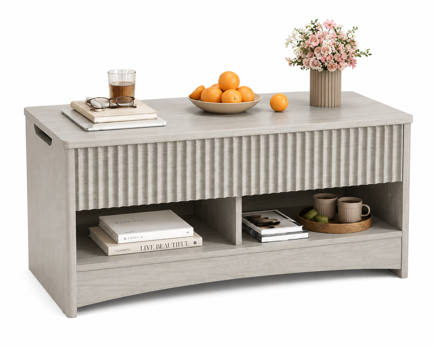 Lift-Top Coffee Table with Hidden Storage & Ottoman Bench, Modern Wood Coffee Table for Living Room