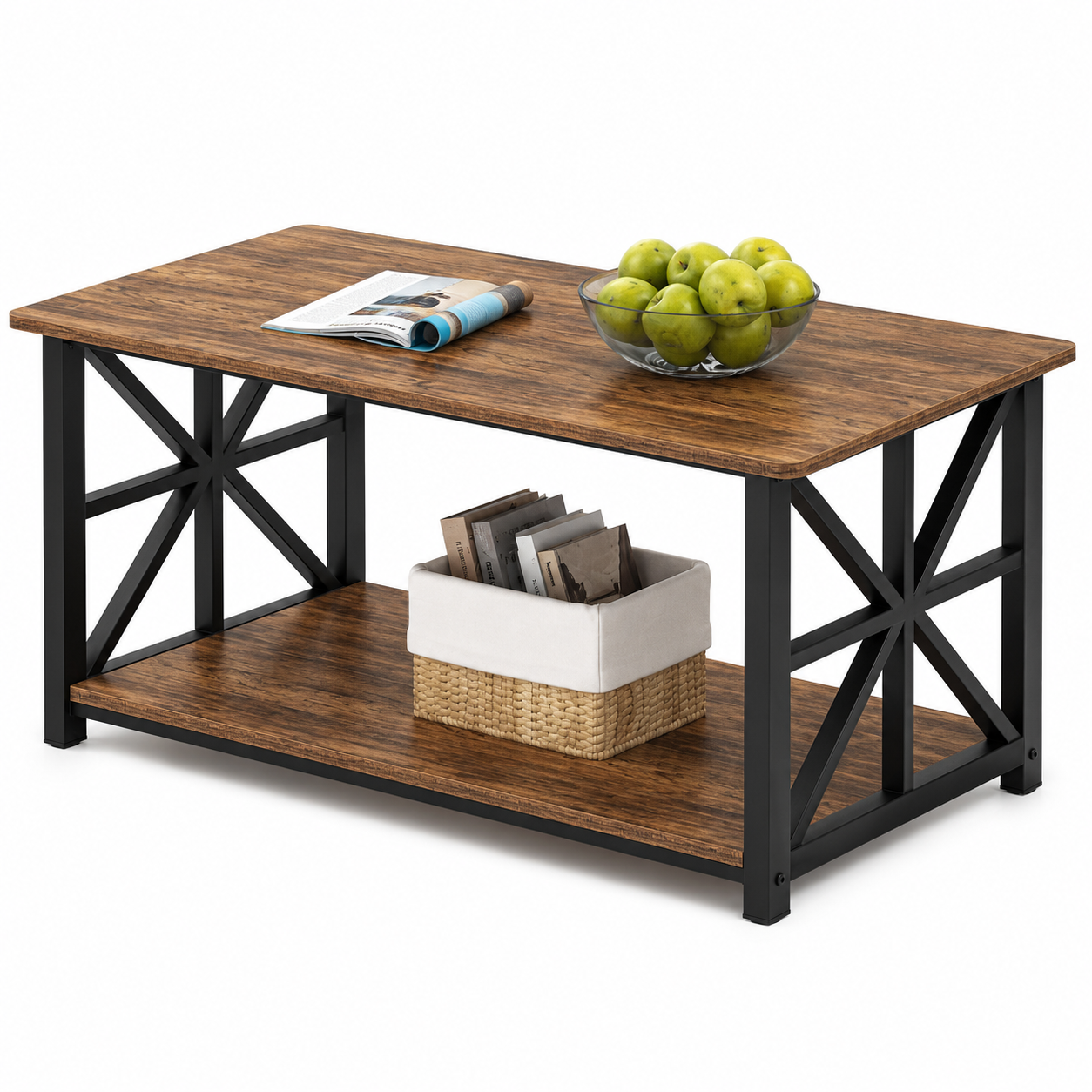 Farmhouse Coffee Table, Rustic Wood Grain, X-Frame Storage Shelf, Rounded Corners