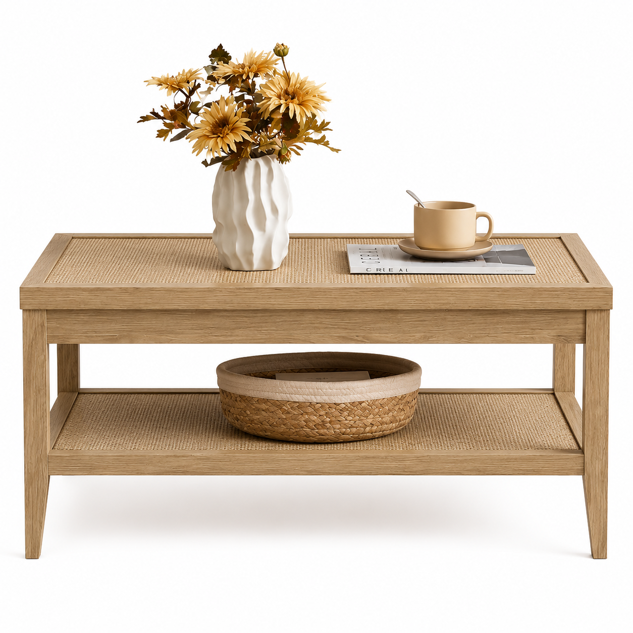 Farmhouse Boho Rattan Coffee Table with Storage Shelves, Mid Century Wood Center Table