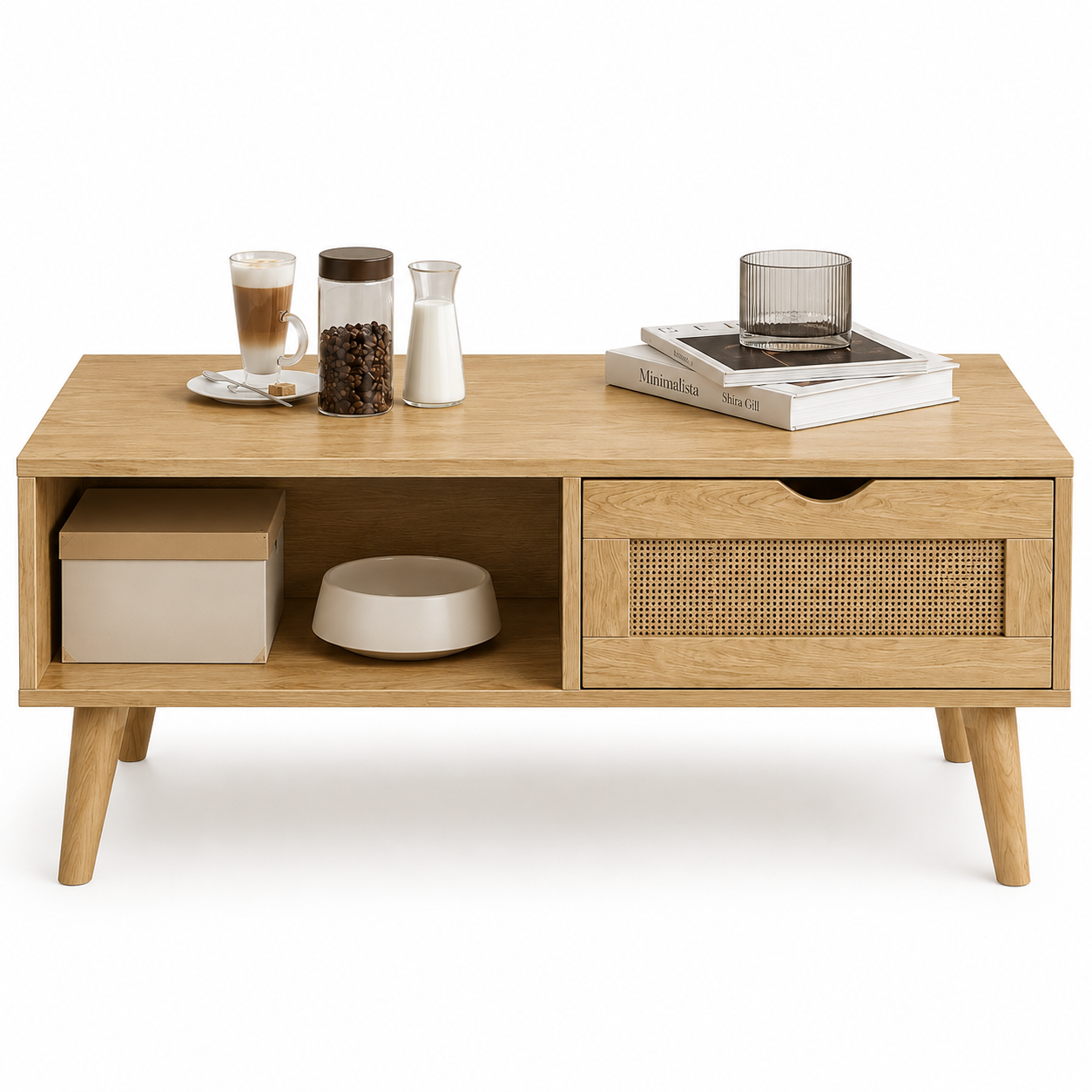 Rattan Coffee Table with Storage, Boho Wood Legs, Living Room Center Table