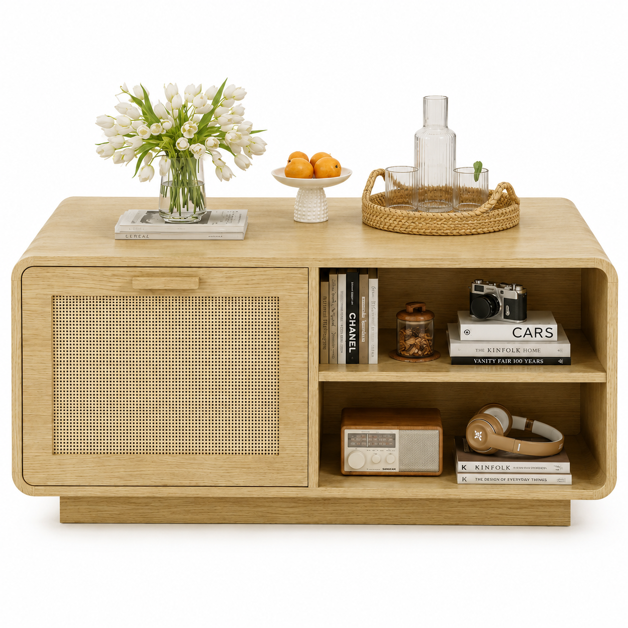 Modern Rattan Coffee Table with Storage Drawers, Adjustable Shelves