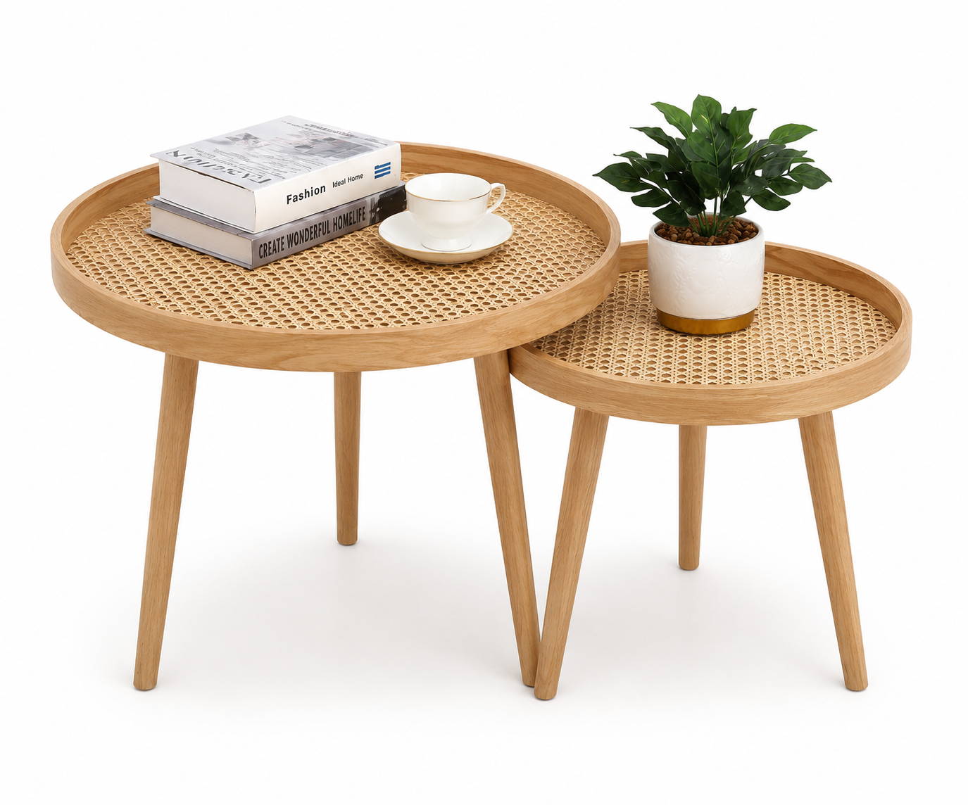 Nesting Rattan Coffee Table Set, Mid Century Cane Wicker Accent Tables