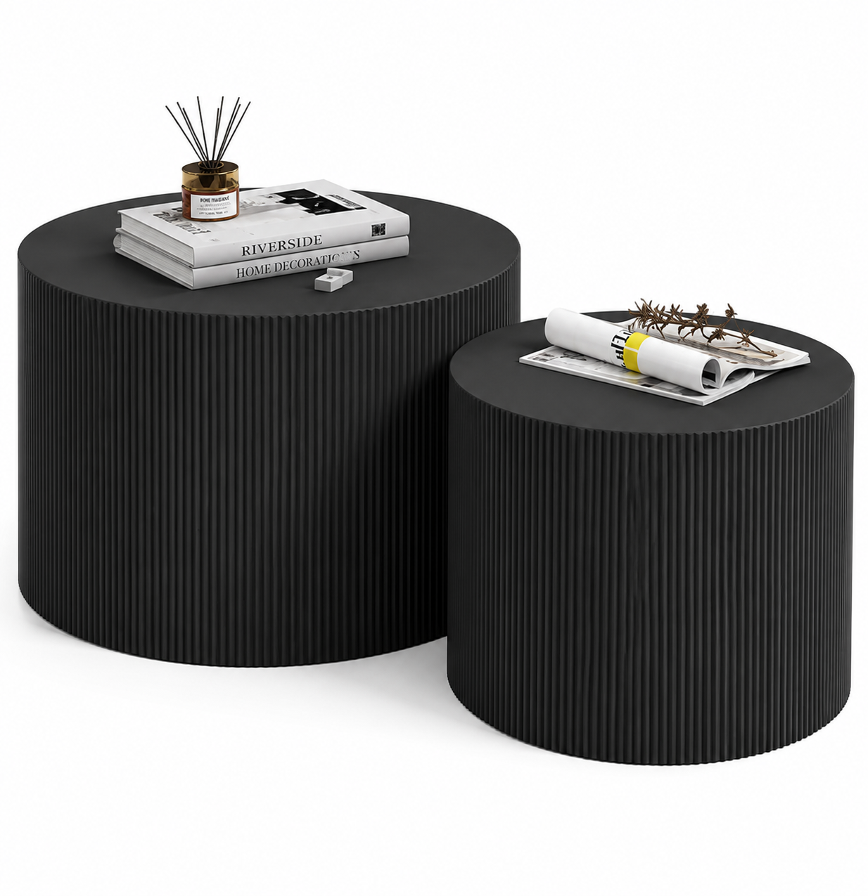 Modern Black Ribbed Drum Nesting Coffee Tables – Set of 2 Side Tables