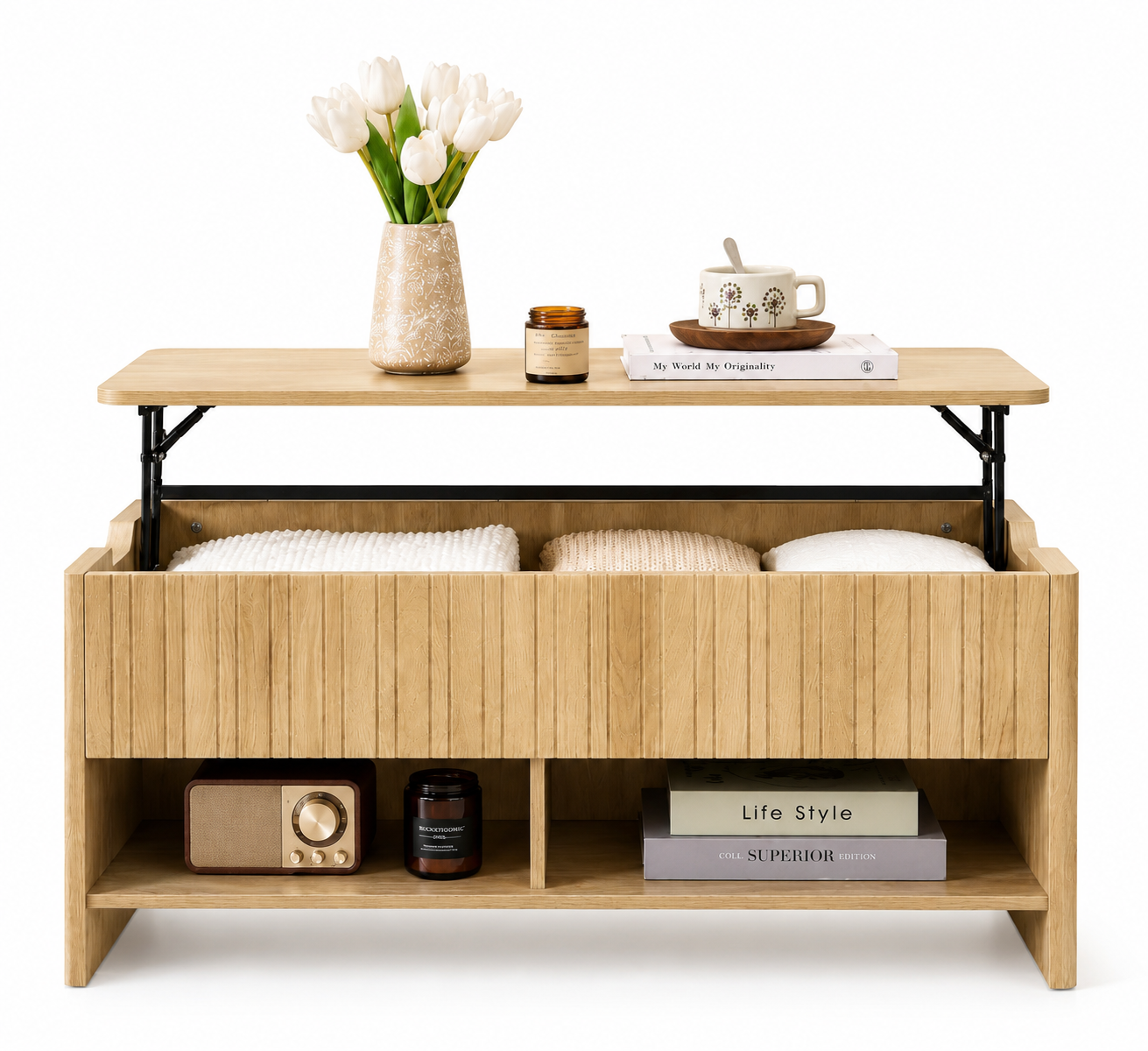 Mid-Century Fluted Lift-Top Coffee Table with Hidden Storage, Small Space Furniture