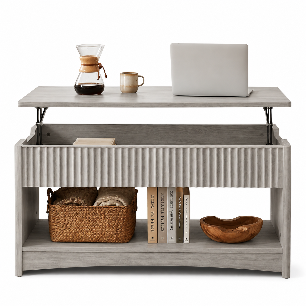 Lift Top Coffee Table with Hidden Storage, Modern Fluted Oak/Grey Finish
