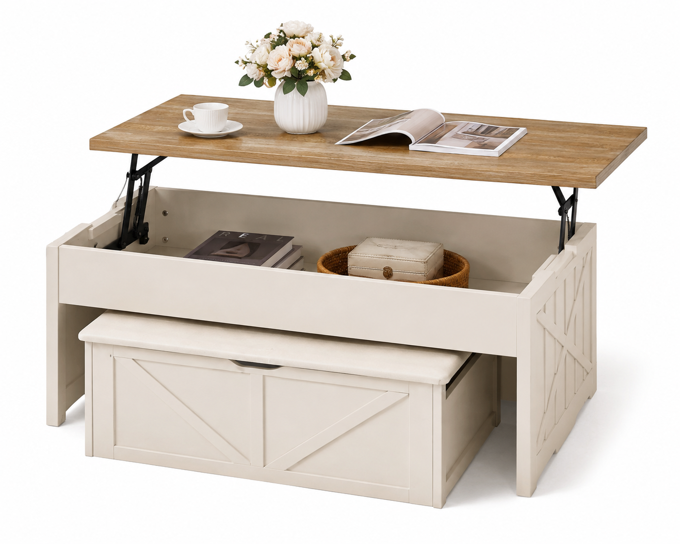 Lift Top Coffee Table with Hidden Storage Bench, Modern Wood Center Table