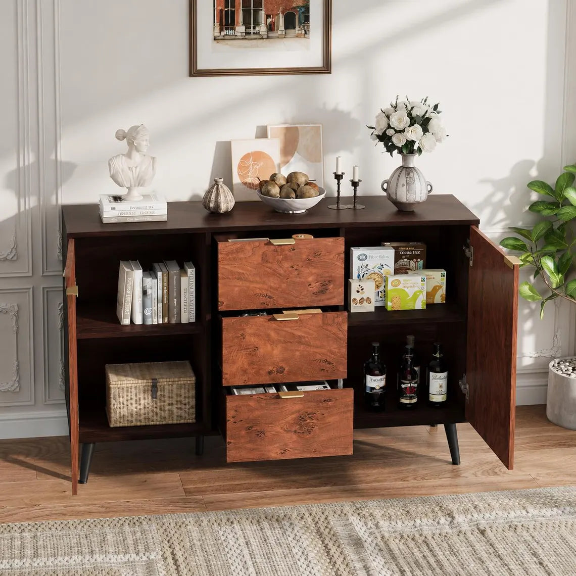 Mid Century Walnut Sideboard Buffet Cabinet, 3 Drawers, 2 Doors, Storage Credenza TV Stand
