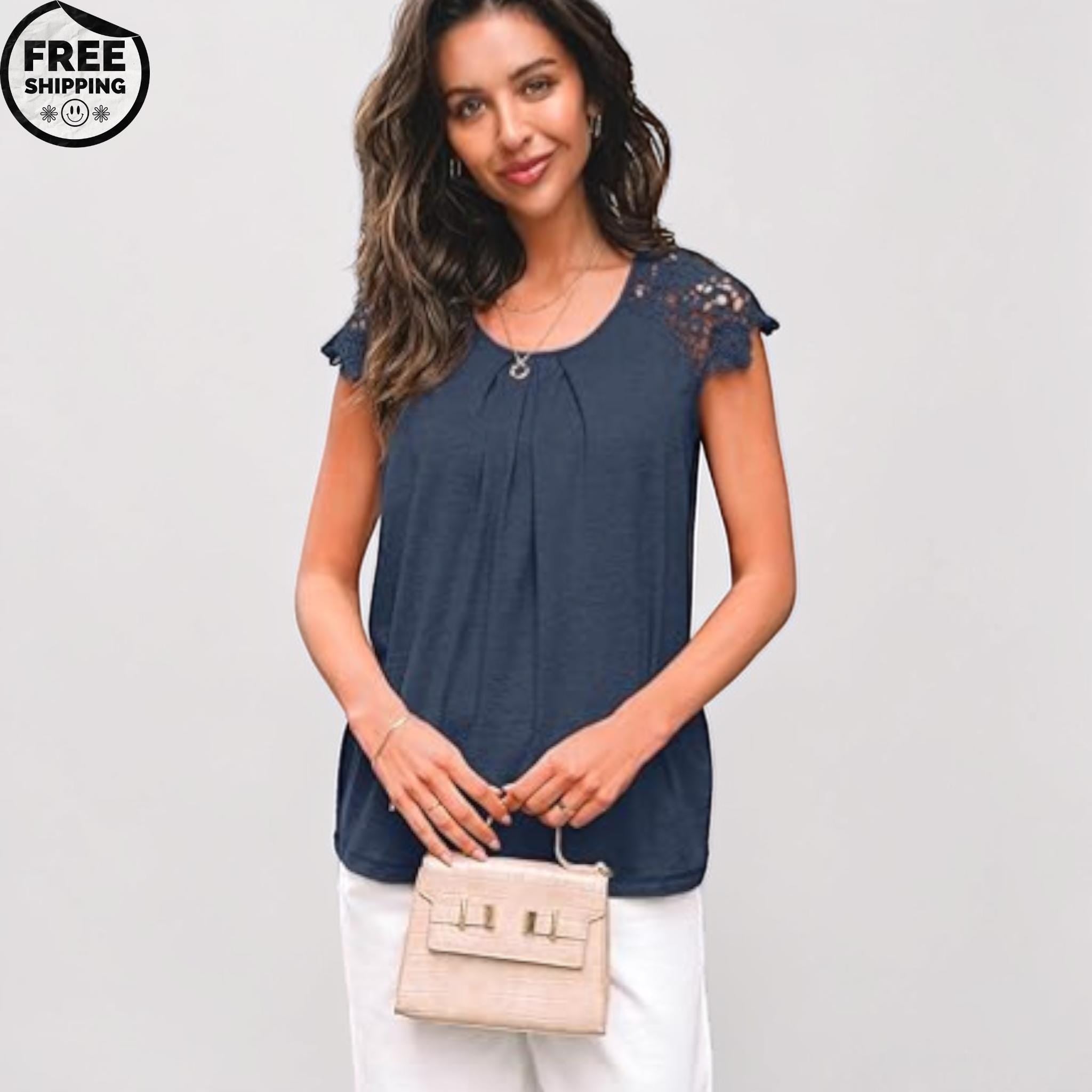 Lace Pleated Short Sleeve Business Blouse
