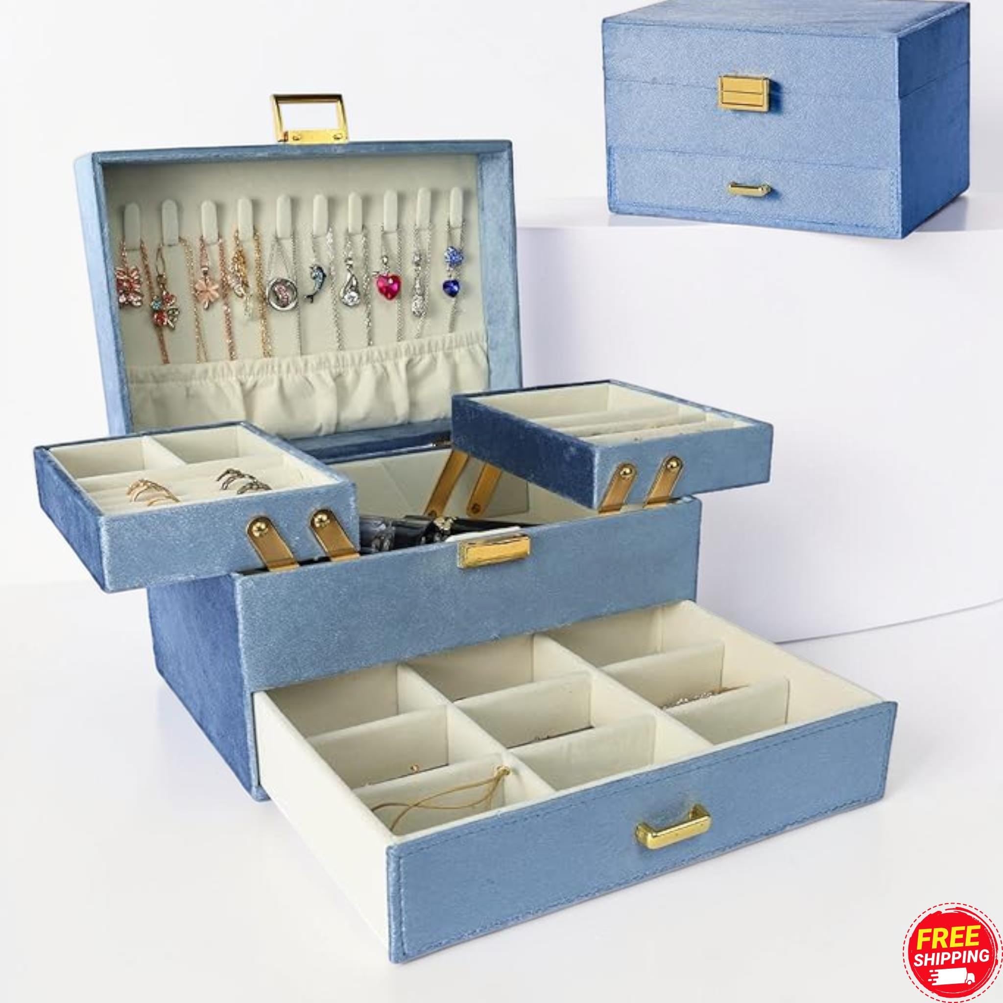 Large 3 Layer Jewelry Organizer Box Case