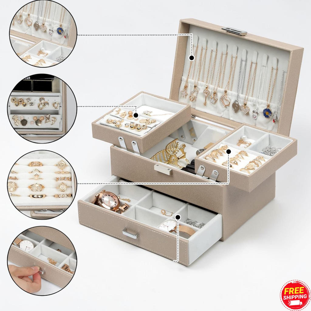 Large 3 Layer Jewelry Organizer Box Case