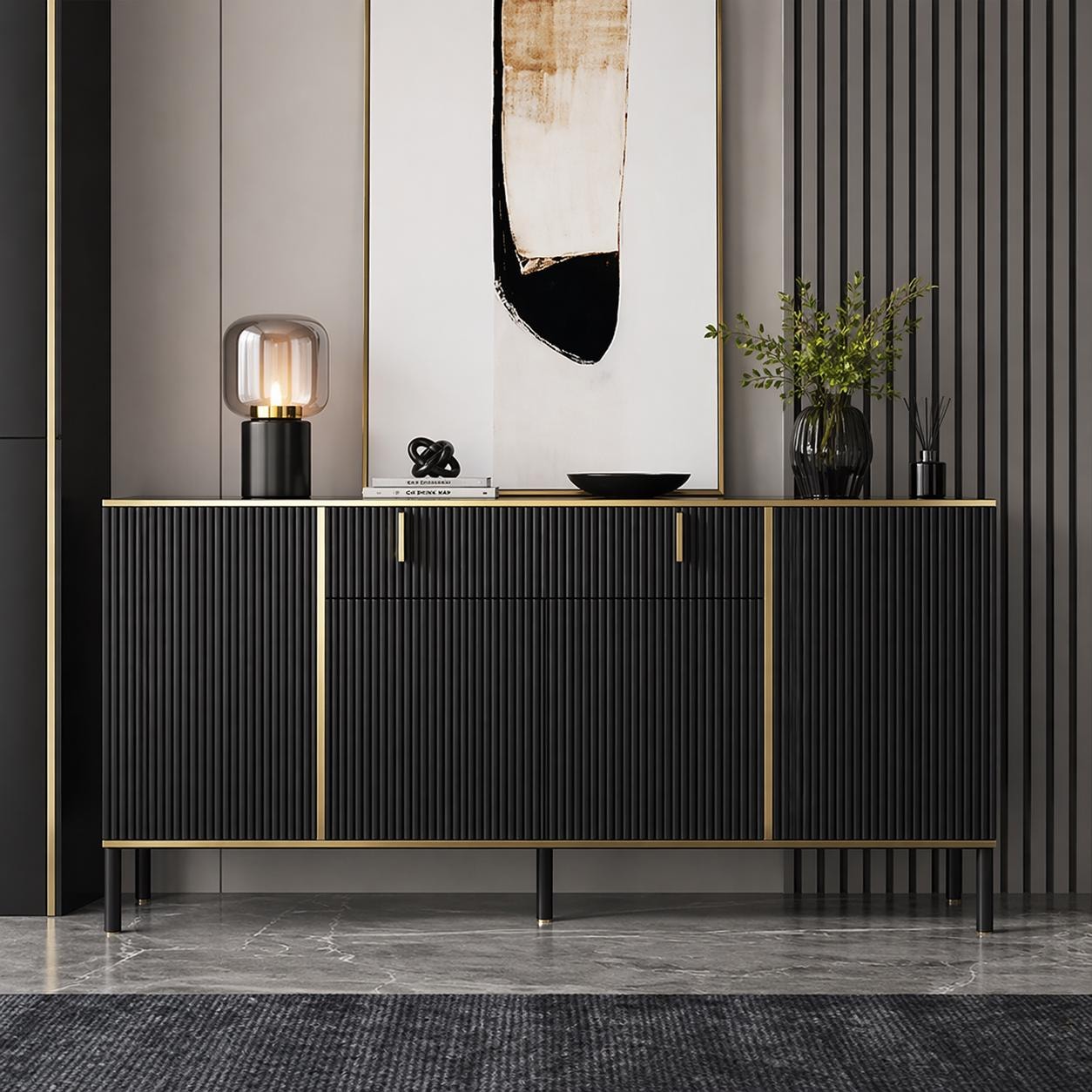 Modern Black & Gold Fluted Sideboard Cabinet