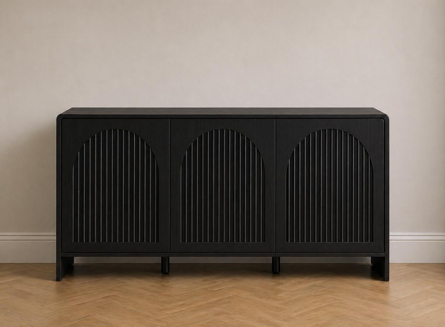 Arched Wood Sideboard Cabinet – Slatted Mid-Century Storage Buffet Console