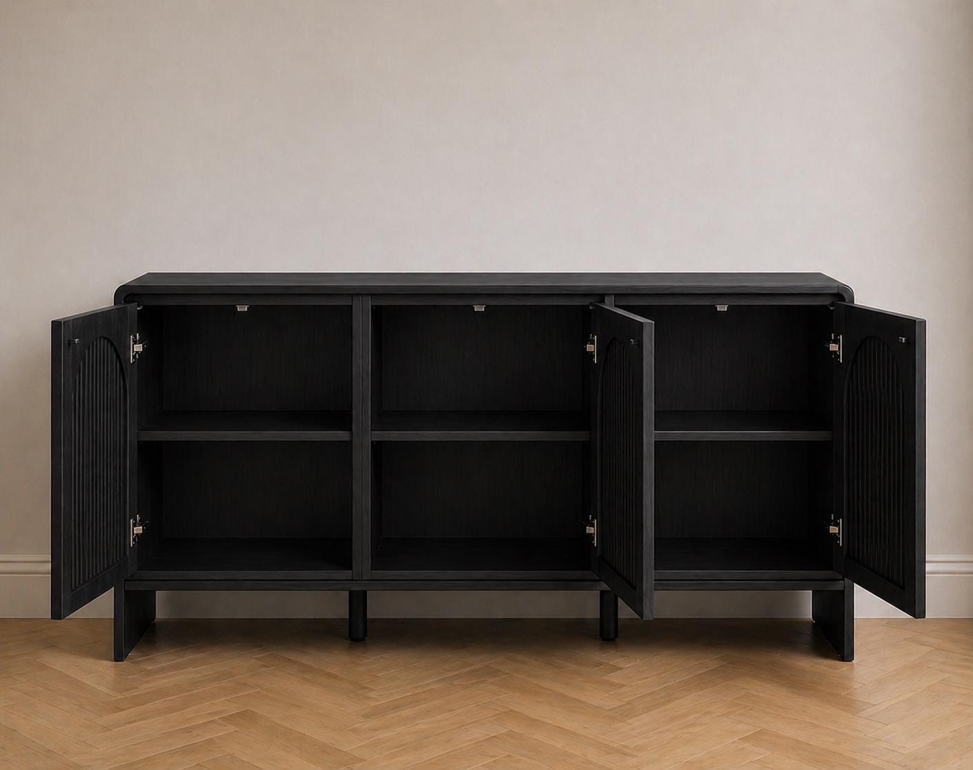 Arched Wood Sideboard Cabinet – Slatted Mid-Century Storage Buffet Console