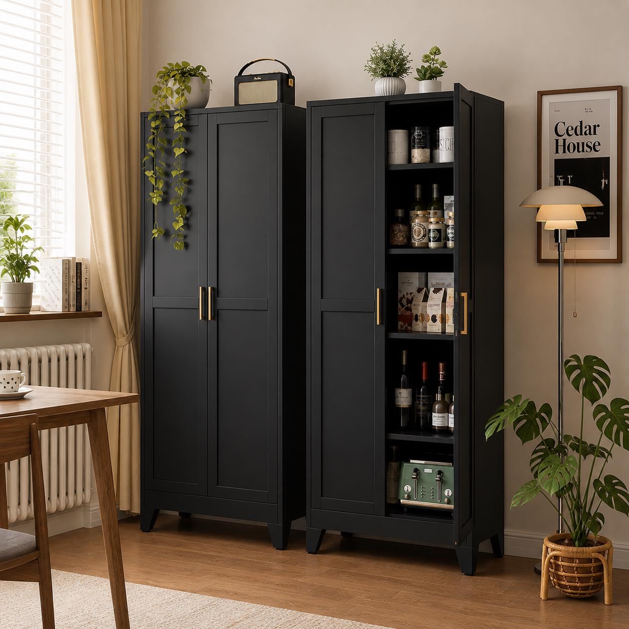 Brown 5-Tier Storage Cabinet with Gold Handles – Adjustable Shelves, Steel Frame Pantry