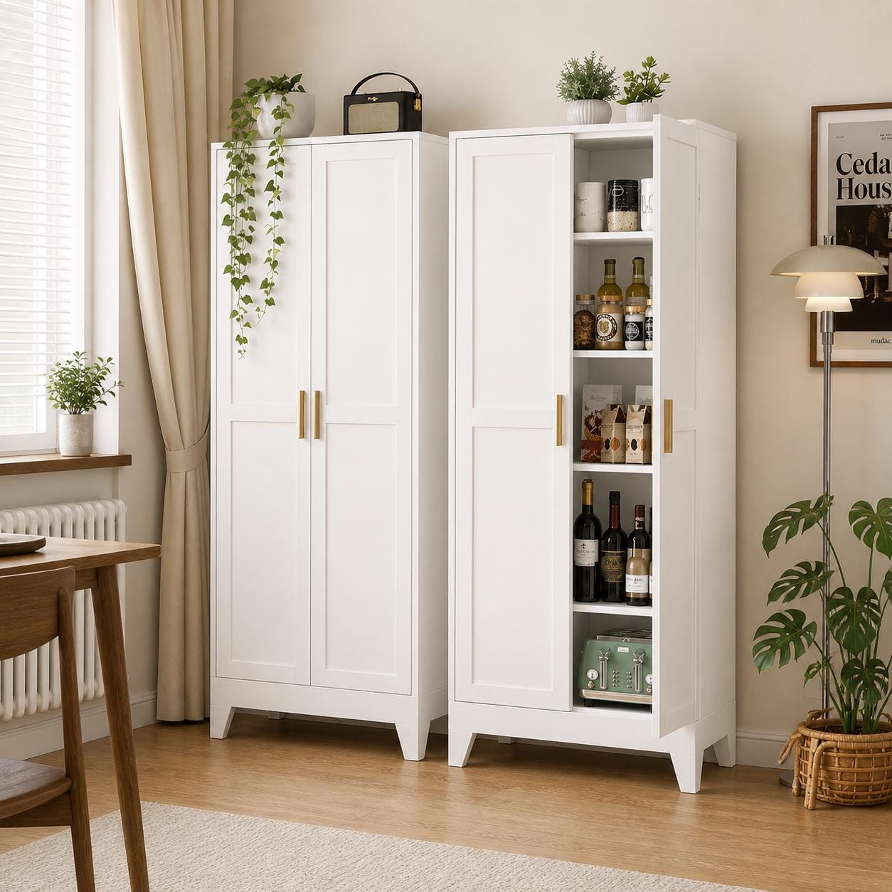 Brown 5-Tier Storage Cabinet with Gold Handles – Adjustable Shelves, Steel Frame Pantry