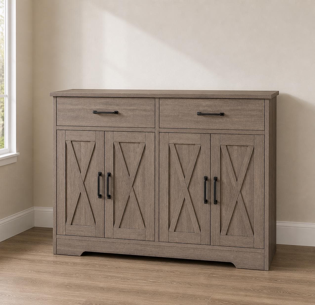 Modern Farmhouse Buffet Cabinet with Barn Doors, 47.2" Storage Sideboard Coffee Bar