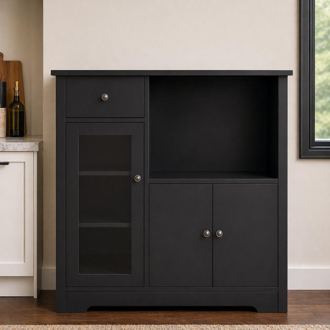 Modern Black Storage Cabinet with Drawer, Open Shelf & Double Door Cupboard