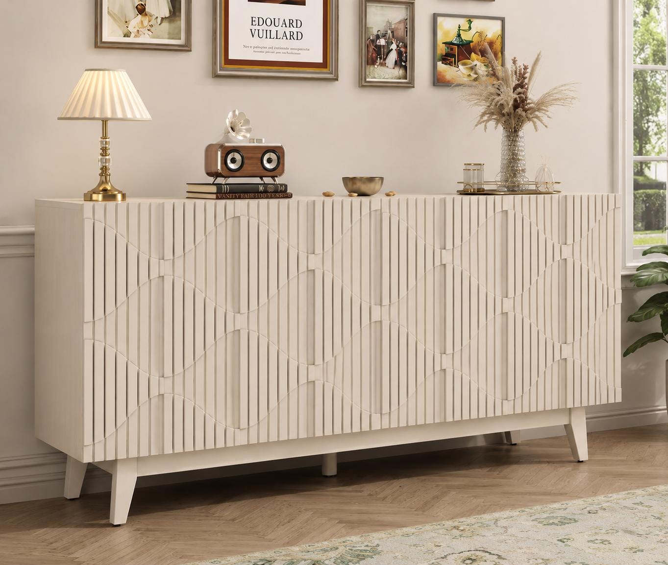 Distressed Fluted Buffet Cabinet with Storage, 4 Carved Doors Sideboard, Adjustable Shelf Wooden Accent Cabinet, Modern Farmhouse Console