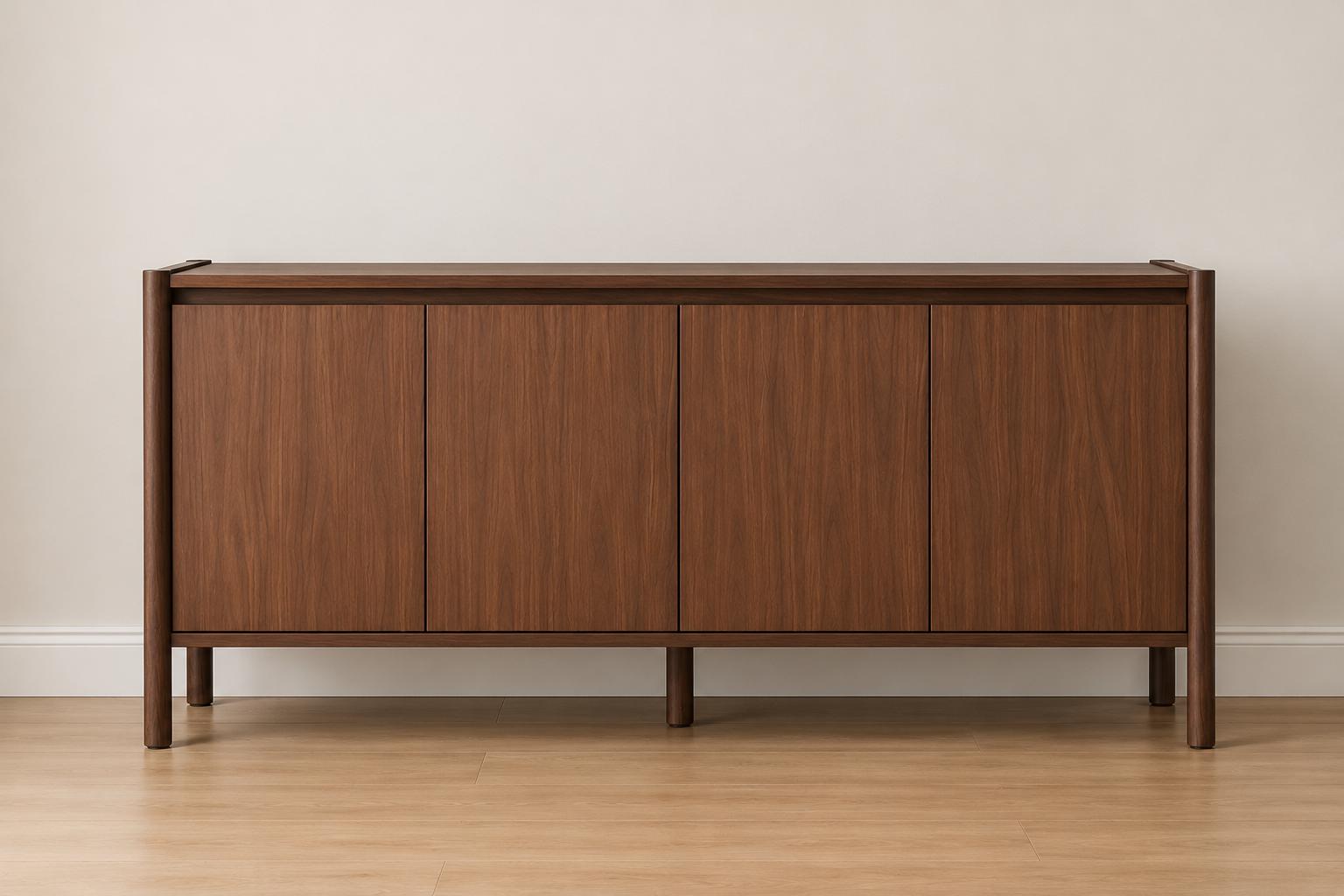 59" Wide Walnut Buffet Cabinet with Storage, Mid Century Modern Sideboard Cabinet with 4 Doors & Adjustable Shelves