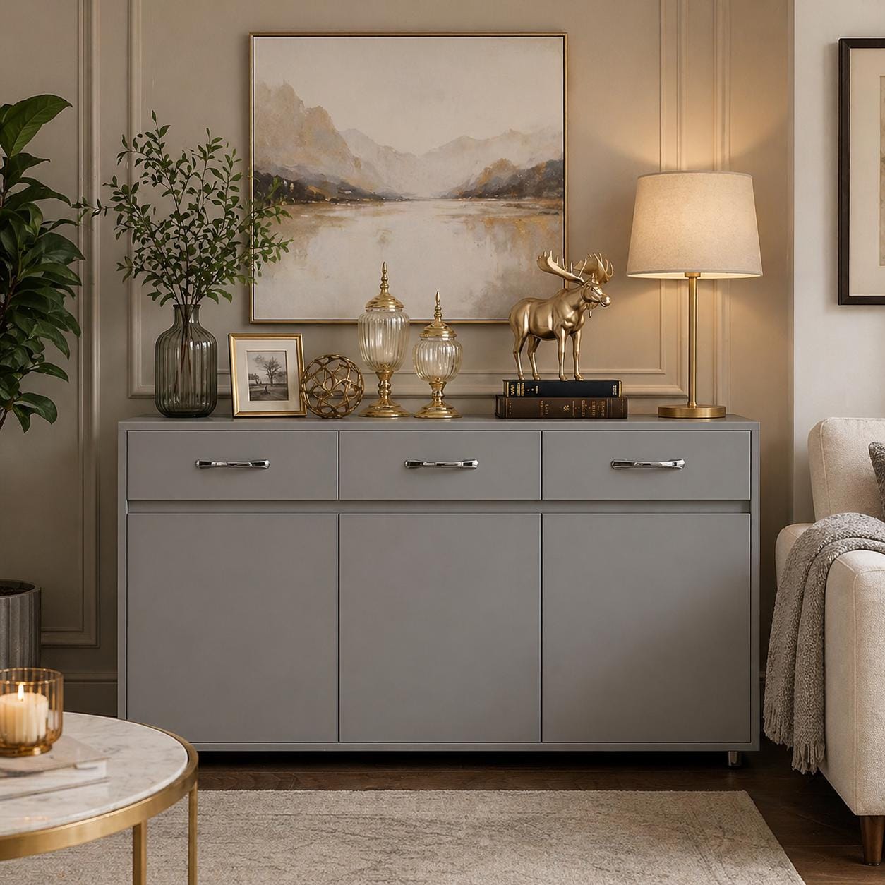 Modern Grey Buffet Sideboard Cabinet – 3 Doors, 3 Drawers, Kitchen Storage Cupboard