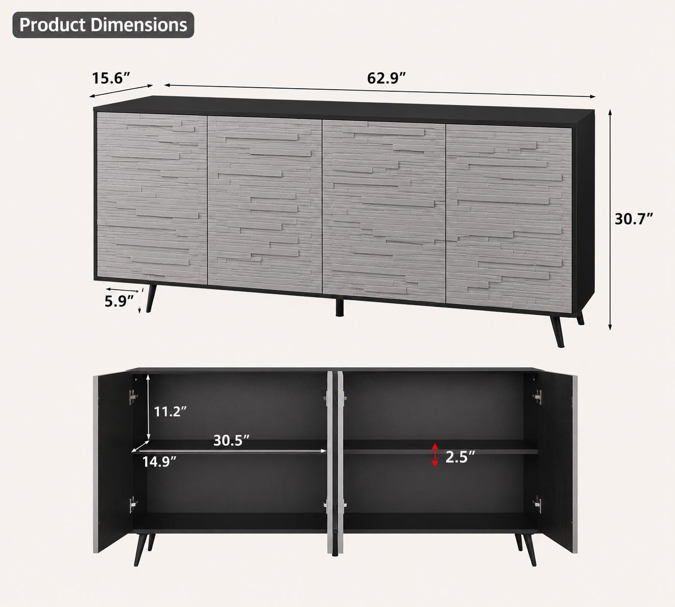 63" Black Grey Fluted Sideboard Cabinet, Modern 4-Door Credenza Storage Buffet