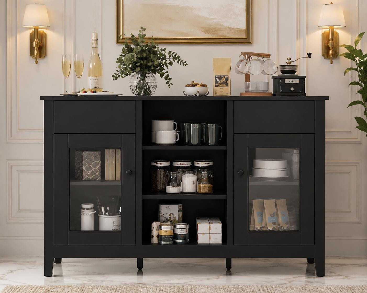 Modern Black Sideboard Cabinet with Faux Marble Top – 2 Drawers, 2 Doors Storage Console