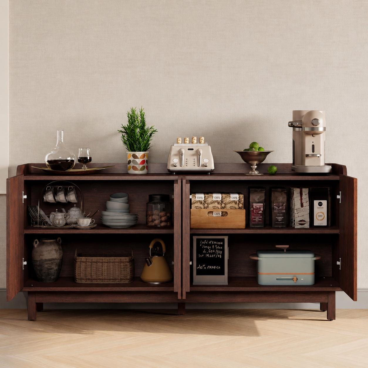 Farmhouse Buffet Cabinet, Red Walnut Storage Sideboard, Mid-Century Modern Grille Doors