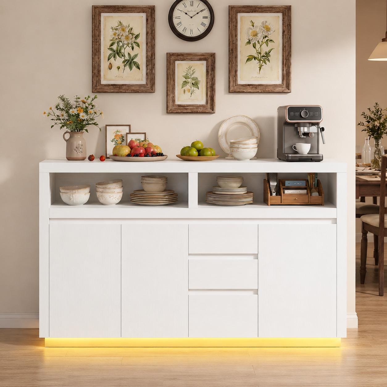Modern Black Sideboard Buffet Cabinet with LED Lights and Power Outlet