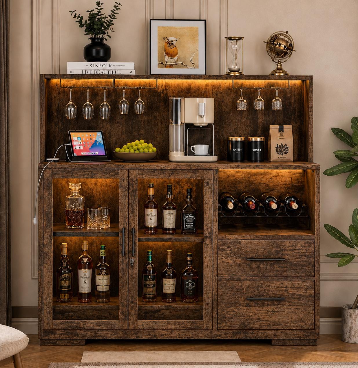 Modern Rustic LED Bar Cabinet with Power Outlets, Wine Rack & Glass Holder