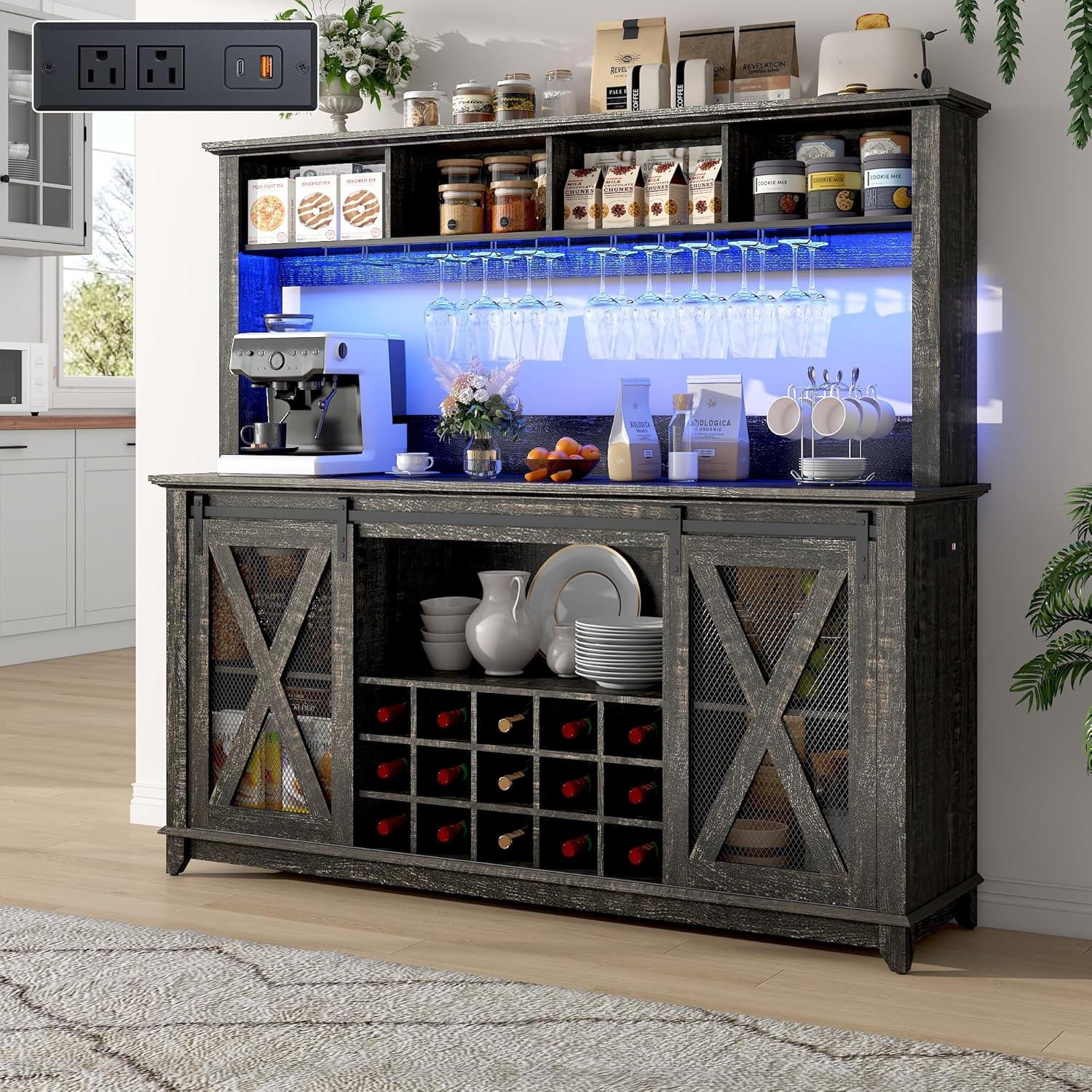 63" Farmhouse Coffee Bar Cabinet with LED Lights & Sliding Barn Doors