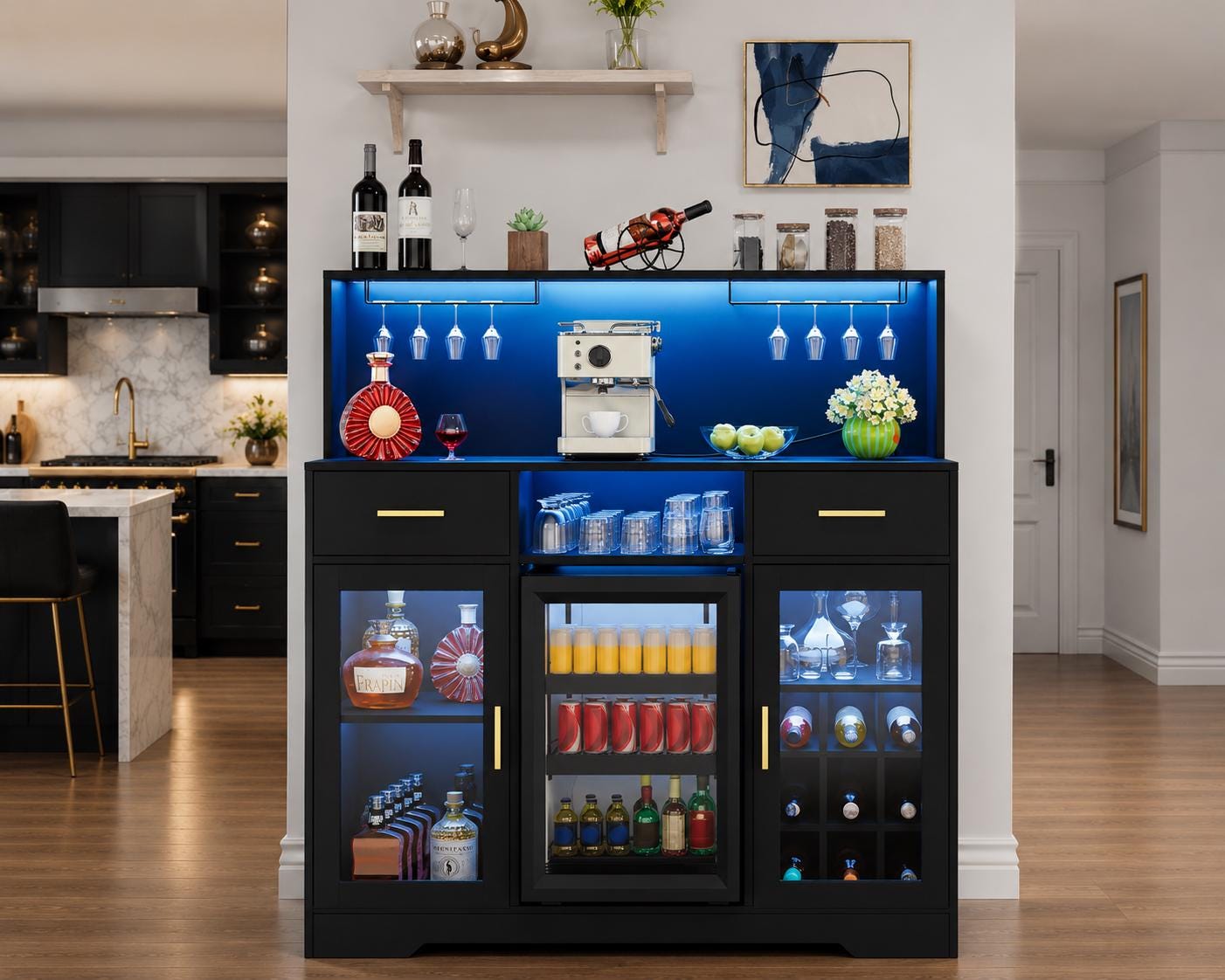 Modern Coffee Bar Cabinet with Mini Fridge Space, LED Wine Bar Storage Drawers