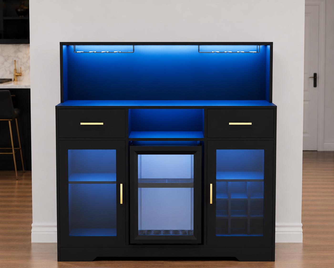 Modern Coffee Bar Cabinet with Mini Fridge Space, LED Wine Bar Storage Drawers
