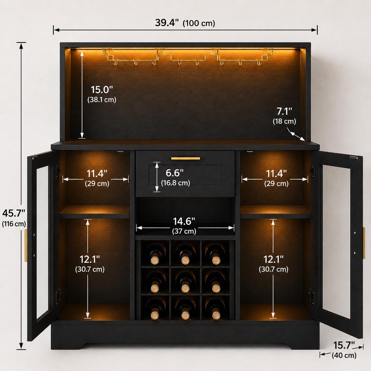Modern Black Bar Cabinet with LED Lights, Wine Rack, Glass Holder, Storage Sideboard