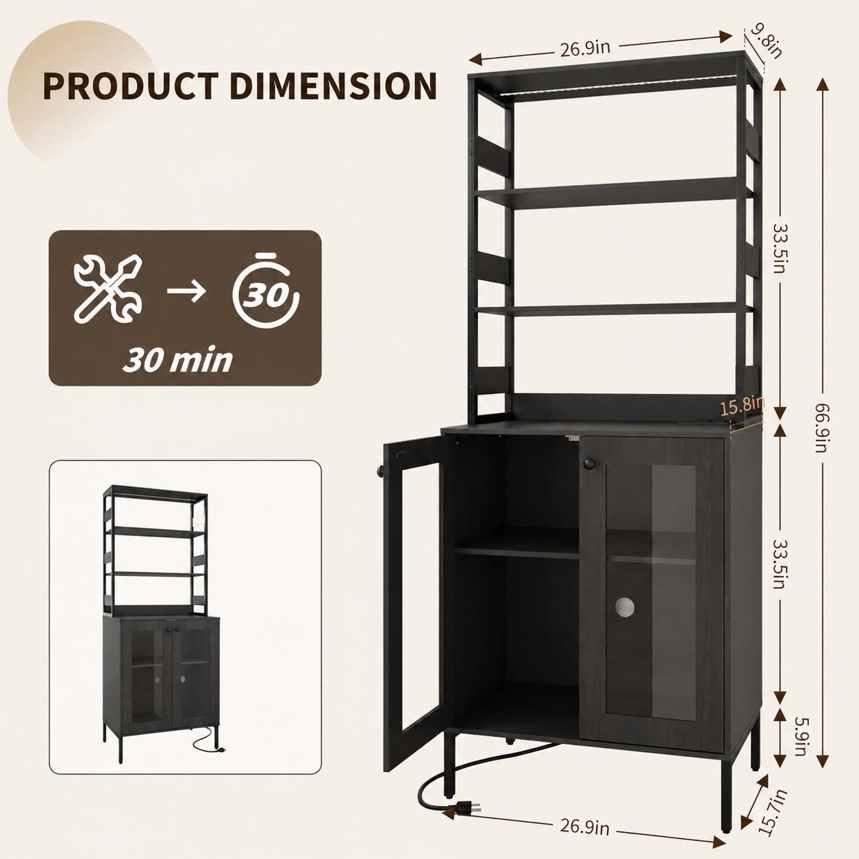 Farmhouse Coffee Bar Cabinet, RGB LED Lights, Built-In Charging Station, Glass Doors