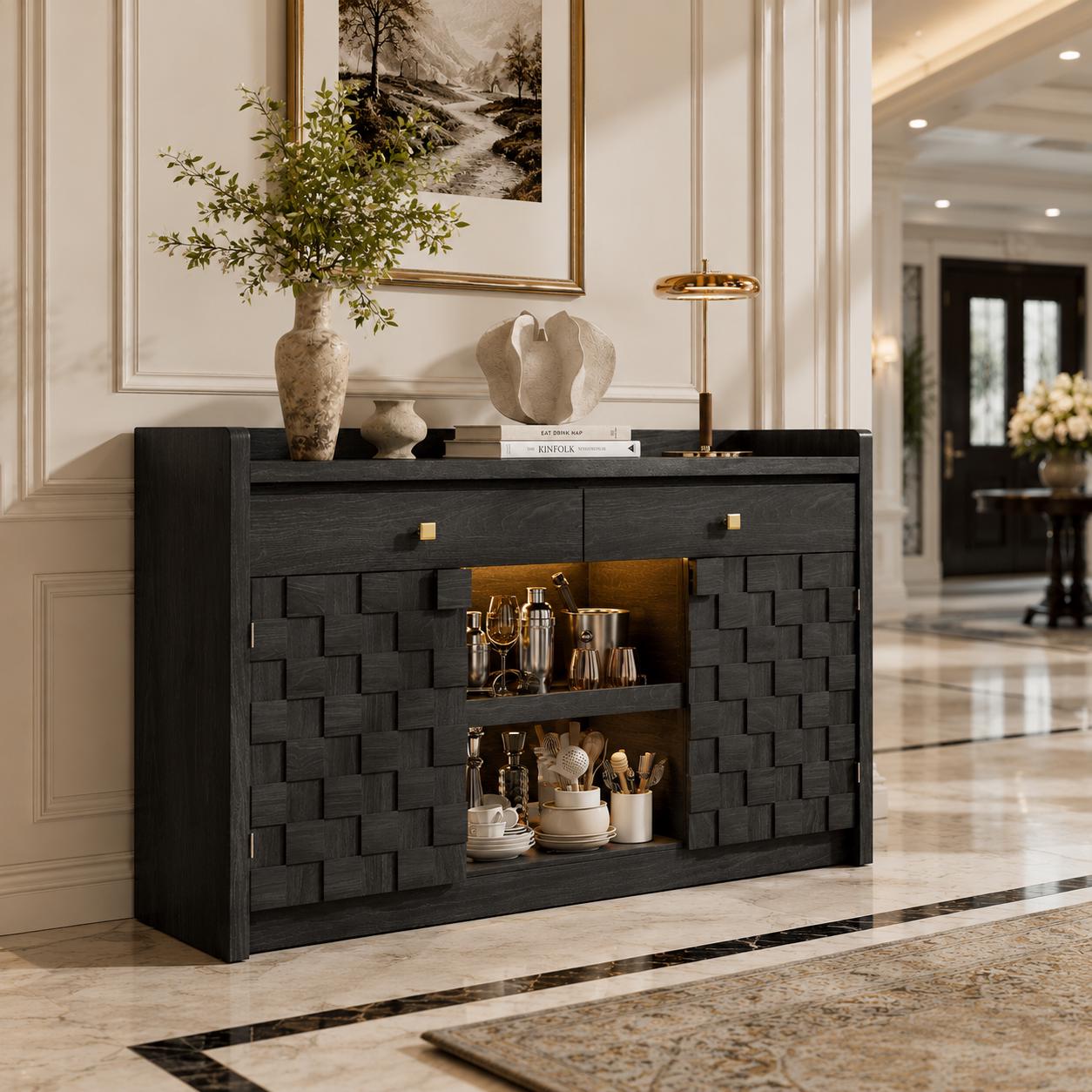 Modern Buffet Cabinet with Charging Station, LED Lights & Pull-Out Storage Shelf