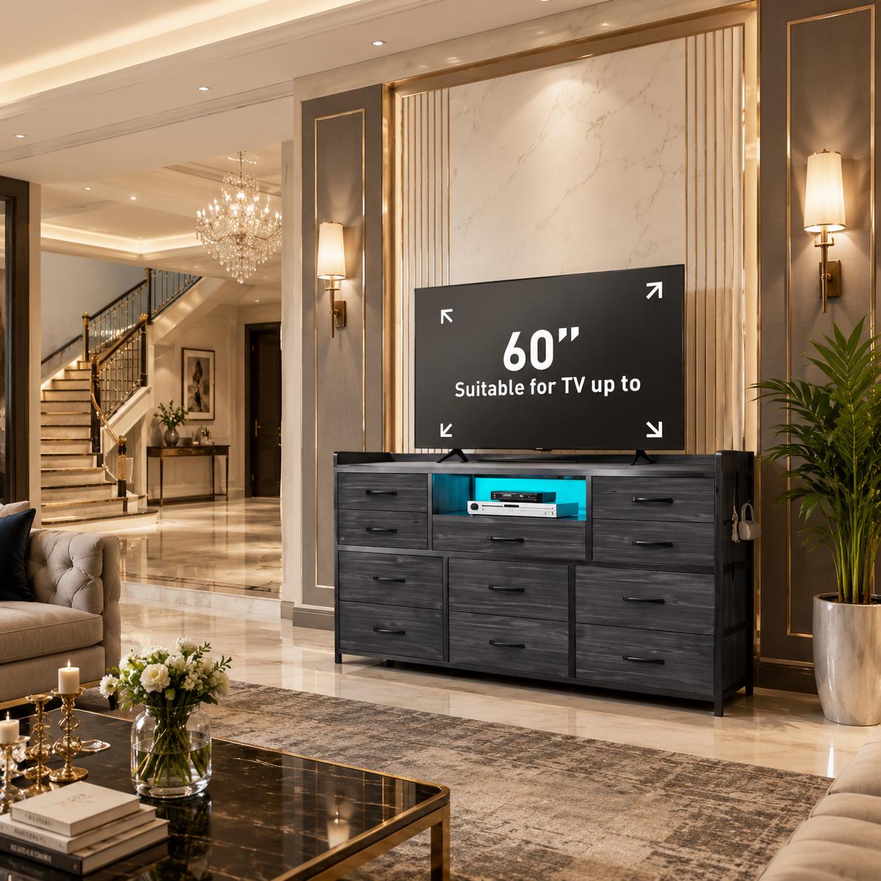 11-Drawer Dresser TV Stand, LED Lights, Charging Station, Rustic Style – Muzrati. Owned and operated by Ecommerce Ninja Solutions LLC