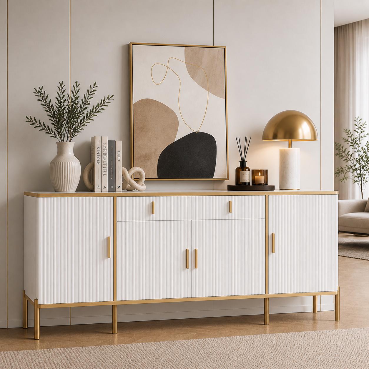 Modern Fluted Sideboard Buffet Cabinet 60'' – Storage Cabinet with Drawers & Adjustable Shelves Wooden Console Cabinet with Metal Legs