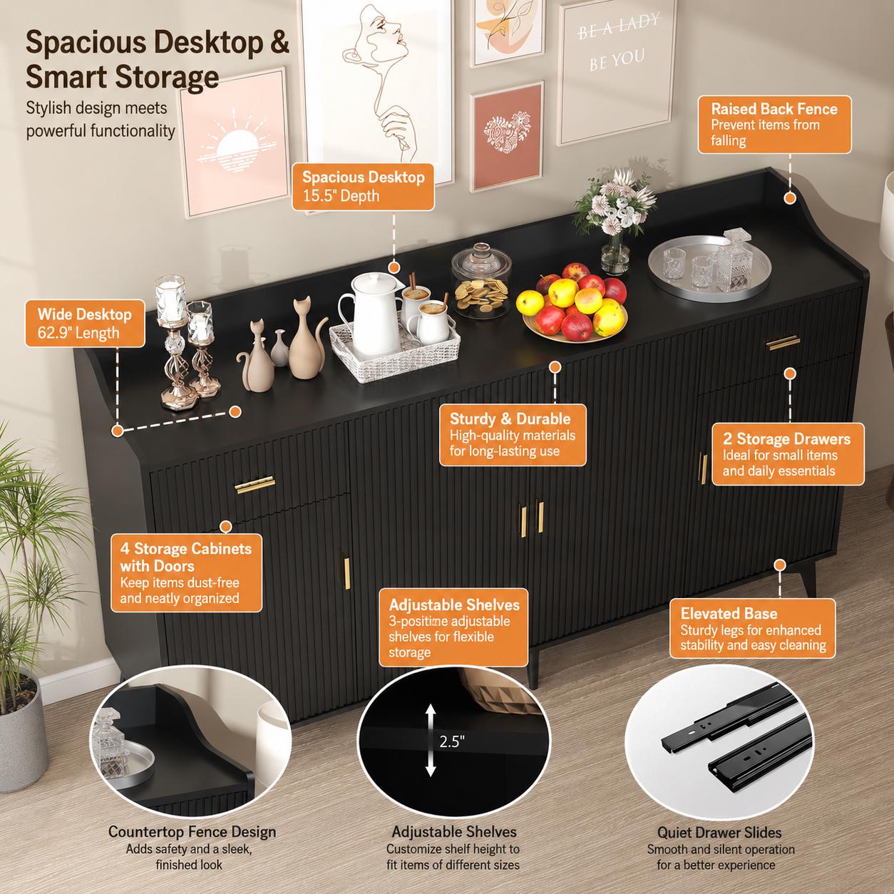 Black Sideboard Buffet Cabinet with Storage