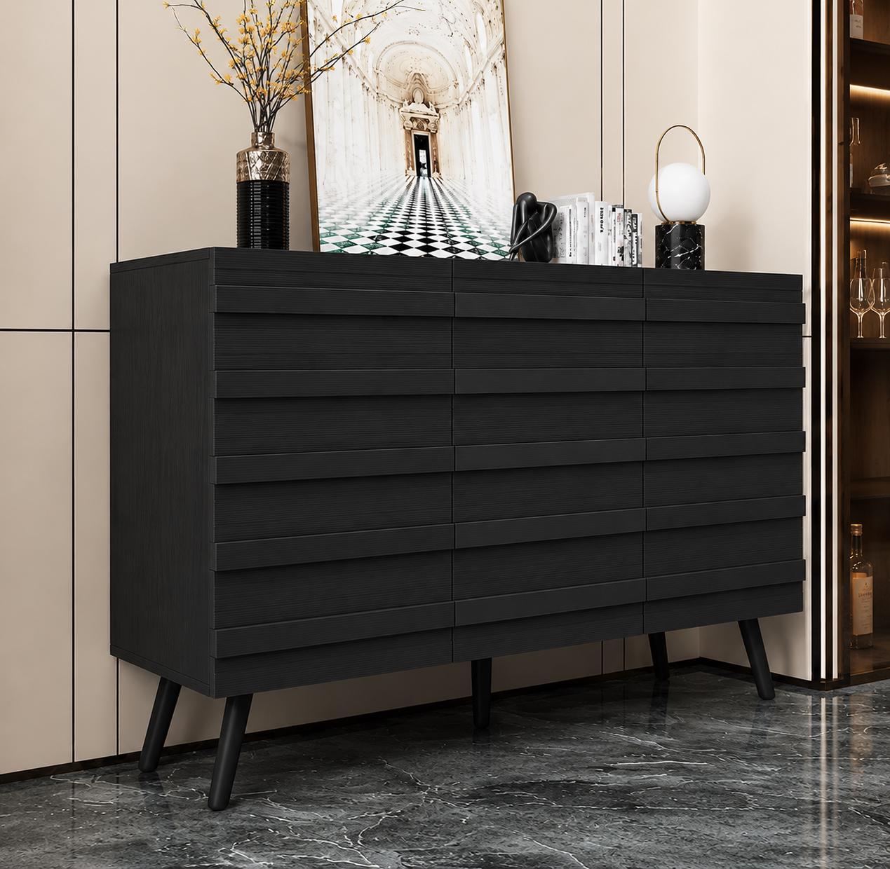 Modern Black Sideboard Cabinet, Handleless Fluted Storage Buffet, Dining Entryway Furniture