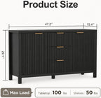 Modern Black Fluted Sideboard Cabinet with Gold Handles, 3 Drawers Storage Credenza