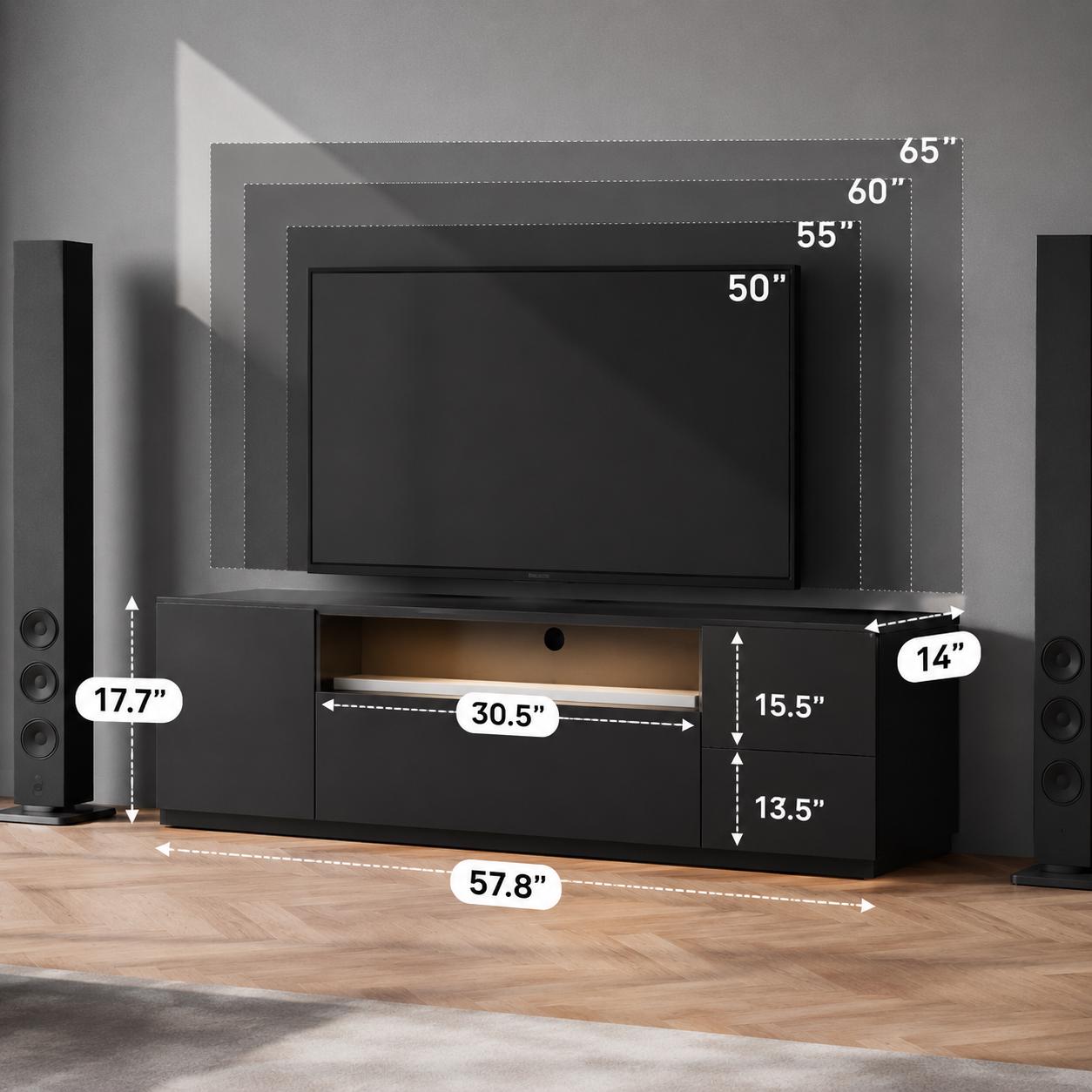 Galaxhero 65 Inch TV Stand with LED Lights Modern Entertainment Center with Storage Cabinet Black TV Console for Living Room
