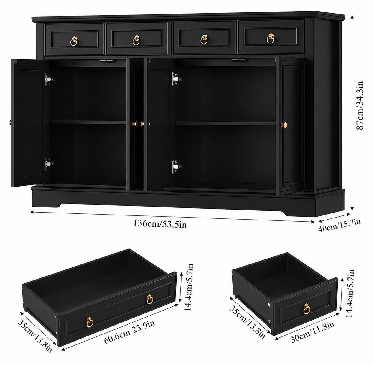 Modern Black Buffet Cabinet with Storage – 52.7” Kitchen Sideboard with Drawers & Adjustable Shelves, Coffee Bar Cabinet