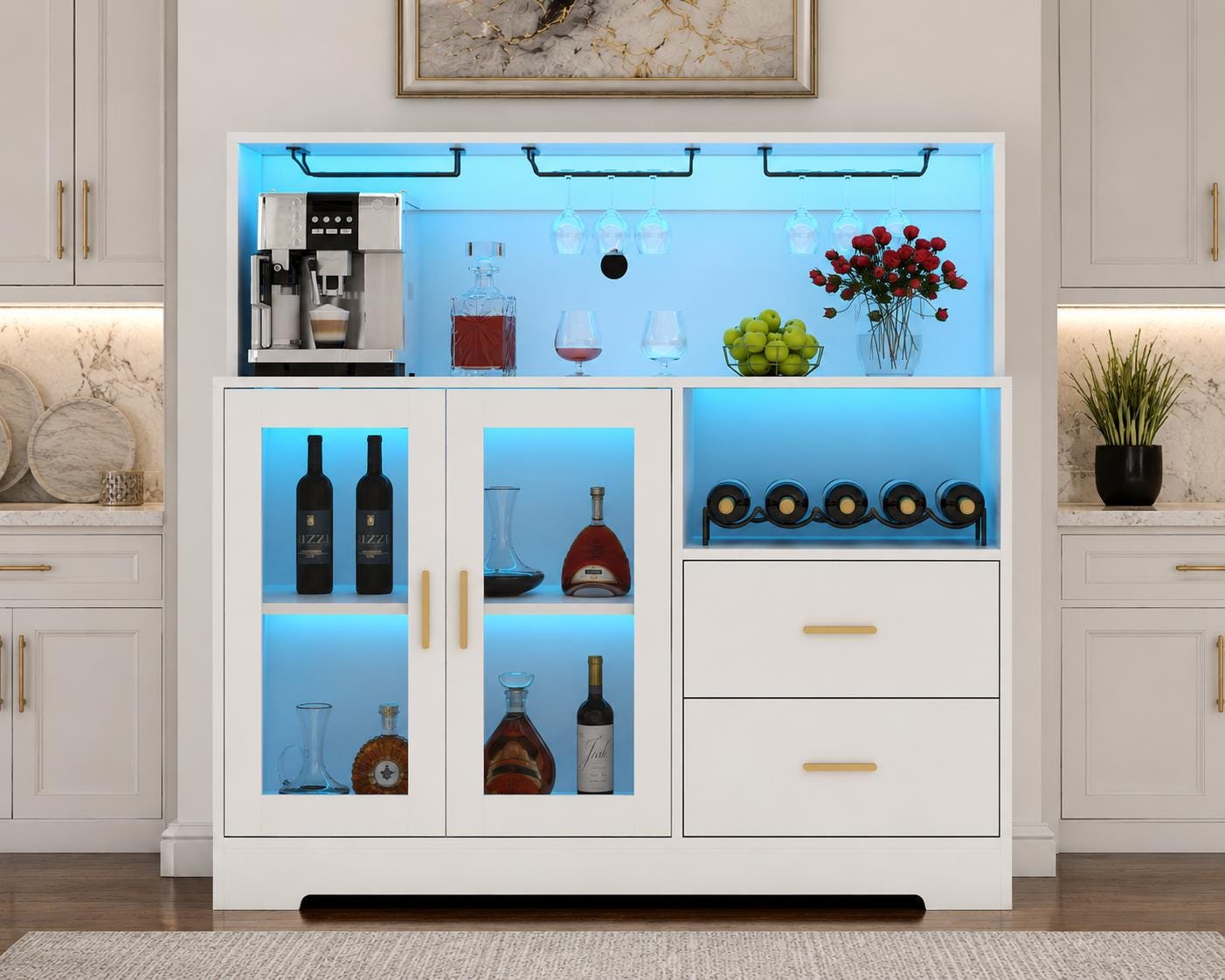 Modern Wine Bar Cabinet with LED Lights, Glass Doors, Wine Rack & Storage Drawers