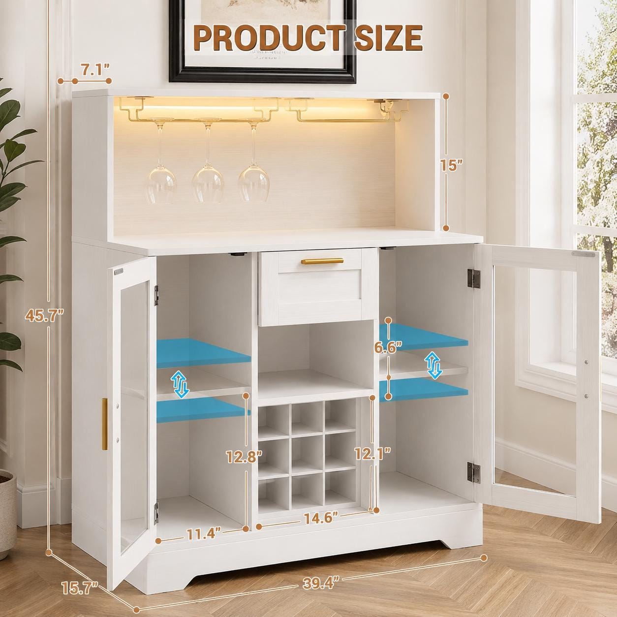 Modern LED Wine Bar Cabinet, Coffee Station, Glass Doors, Wine Rack Storage