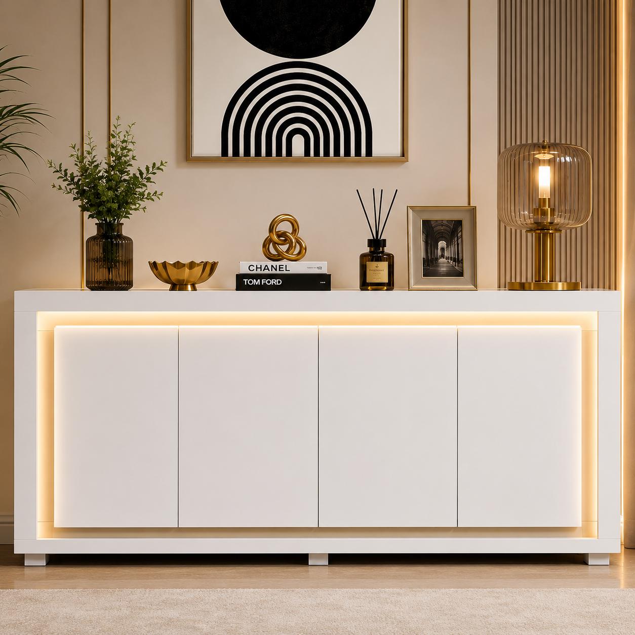 Modern 63” Sideboard Buffet Cabinet with LED Lights & Charging Station