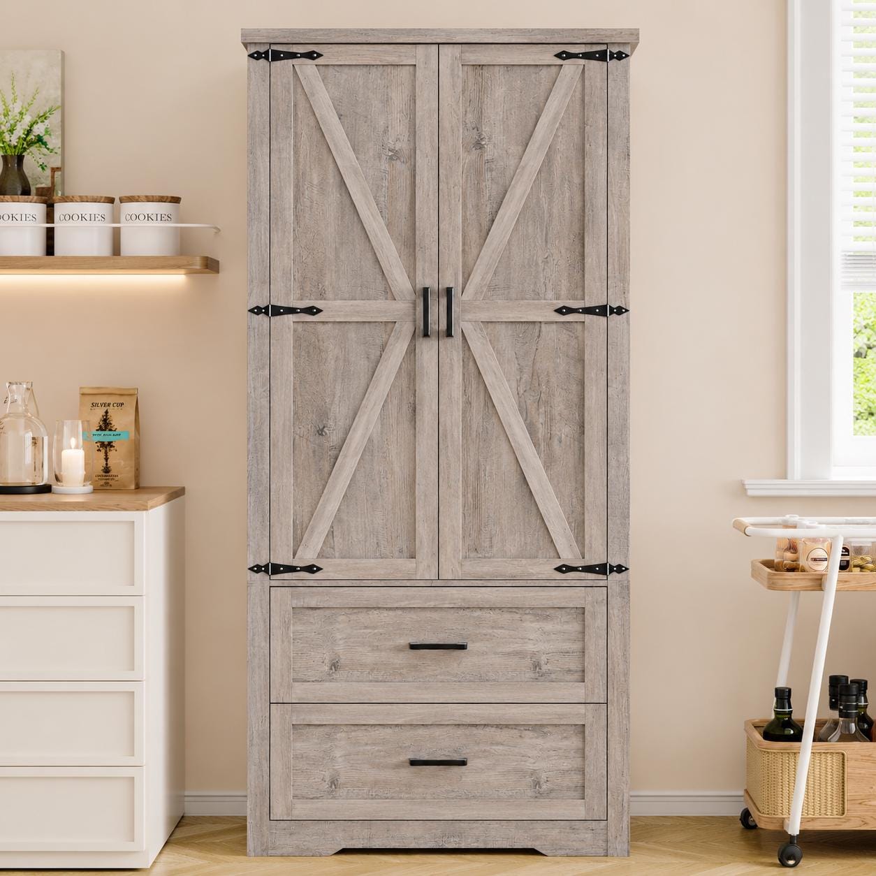 Farmhouse Barn Door Pantry Cabinet, White Kitchen Storage Cupboard with Drawers