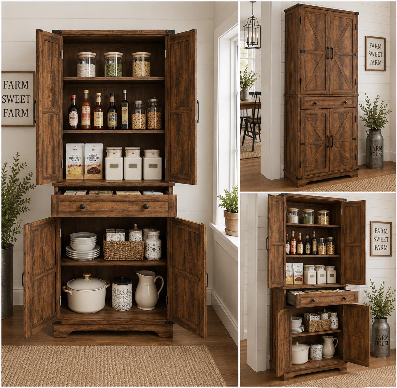71” Rustic Farmhouse Pantry Cabinet, 4 Door Kitchen Storage Cabinet with Adjustable Shelves,