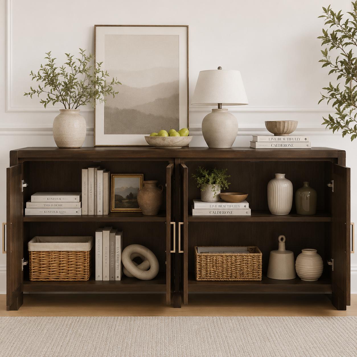 Modern 60 Wooden Sideboard Cabinet, 4 Doors, Adjustable Shelves, Dining Storage Console