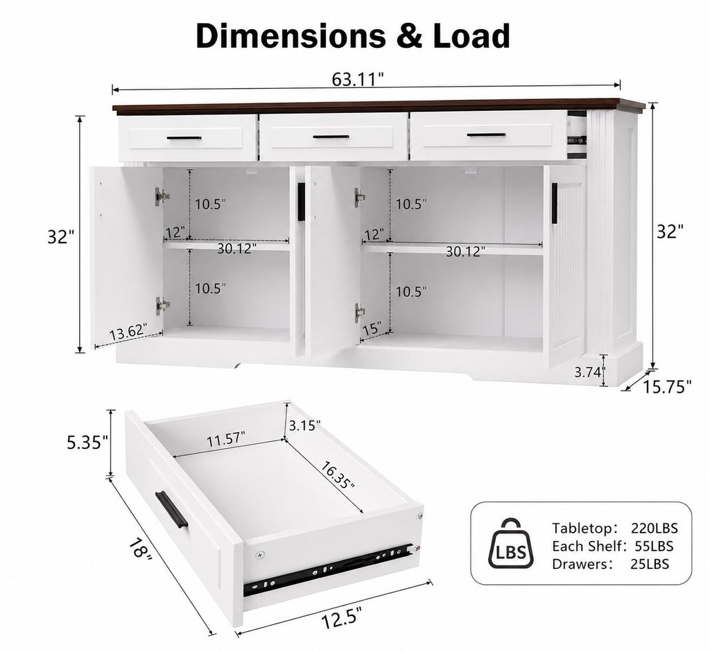63" Fluted Sideboard Buffet Cabinet with Storage, 4 Doors & 3 Drawers, Modern Kitchen Coffee Bar Cabinet,